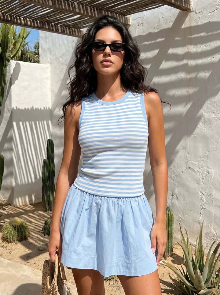 Striped Ribbed Tank Mini Skirt Set