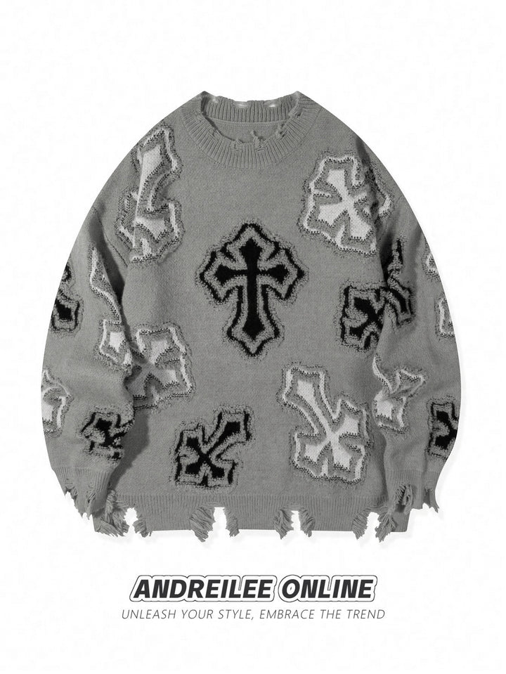 Distressed Gothic Cross Print Sweater