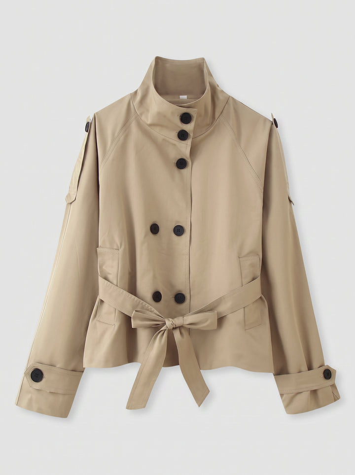 Cropped Belted Stand Collar Trench Coat