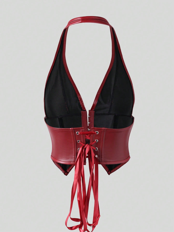 Burgundy Faux Leather Plunge Corset Top