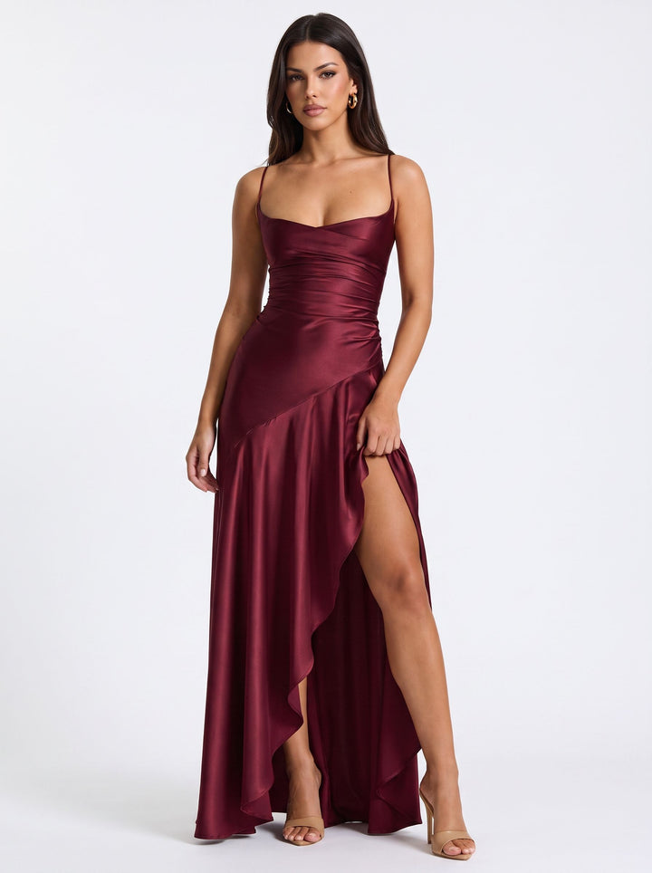 Satin Ruched High Slit Maxi Dress