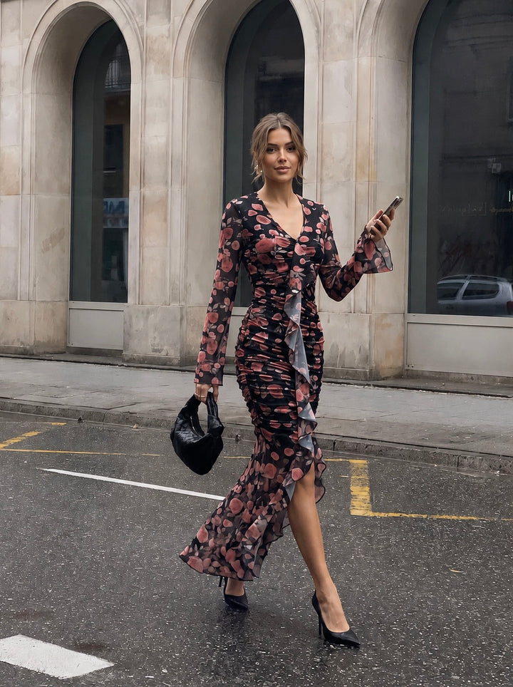 Floral Ruffle Ruched Mermaid Dress