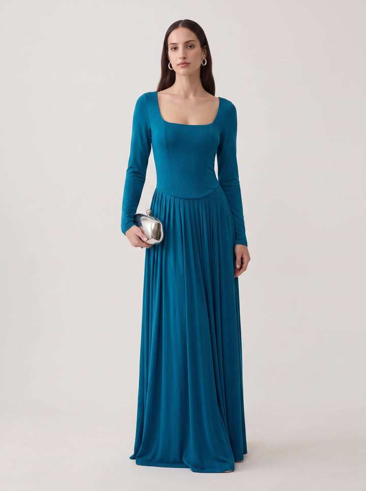 Elegant Long Sleeve Pleated Maxi Dress