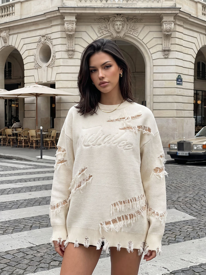 Distressed Oversized Graphic Knit Sweater