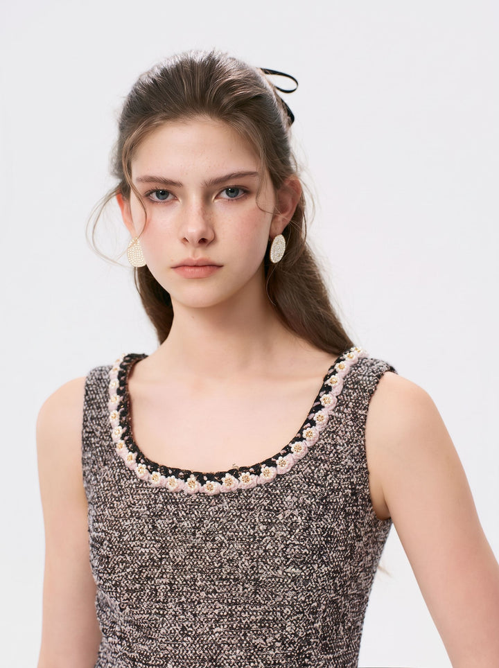 Feather Trim Tweed Mini Dress