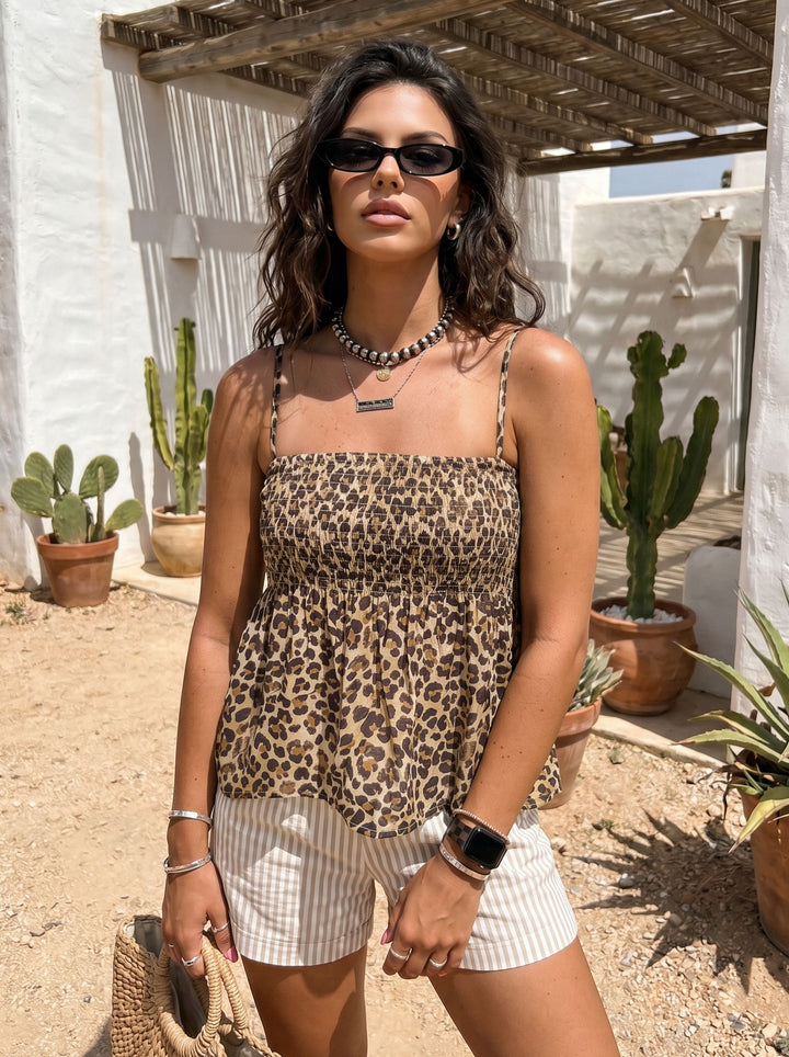 Smocked Leopard Print Camisole Top