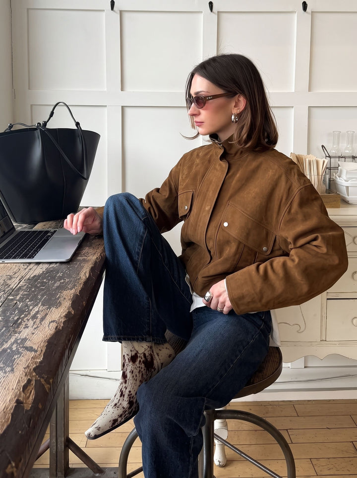 Cropped Suede Utility Bomber Jacket
