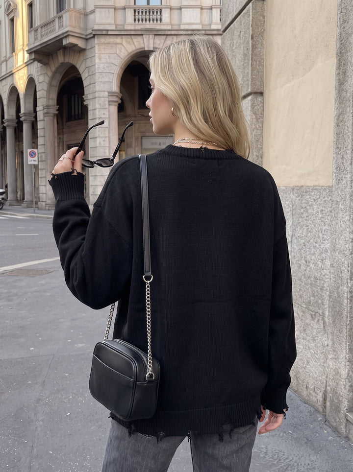 Oversized Graphic Distressed Knit Pullover Sweater