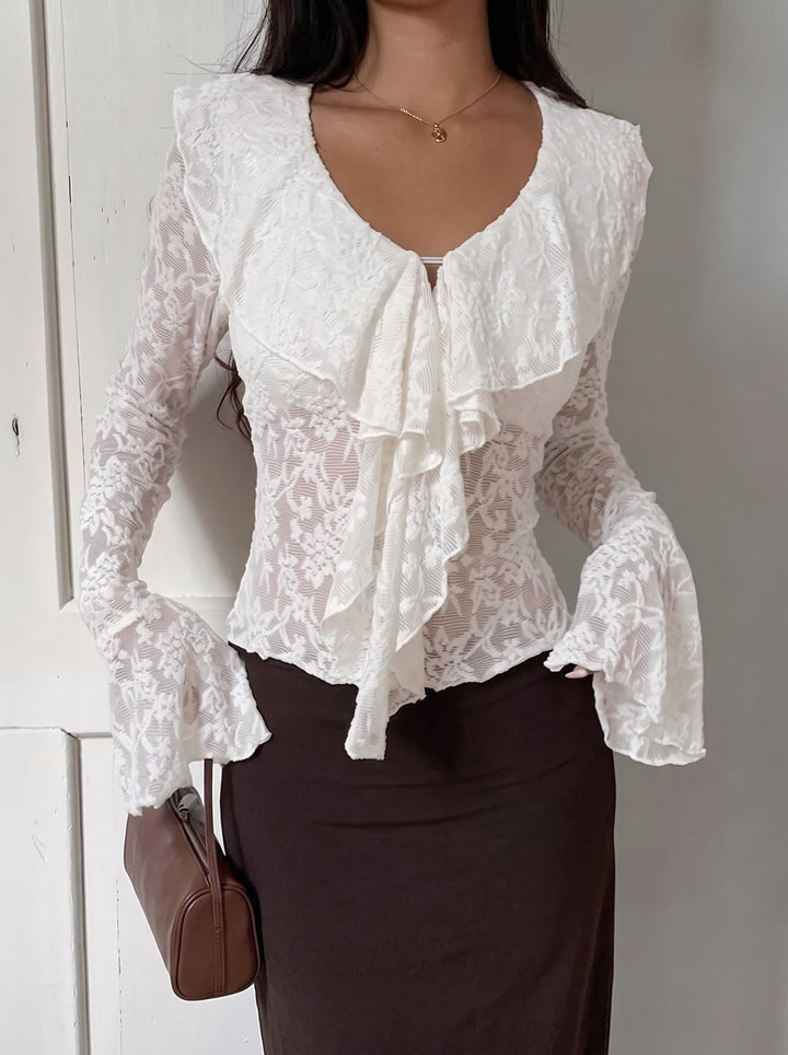 Elegant Ruffle Lace Long Sleeve Blouse