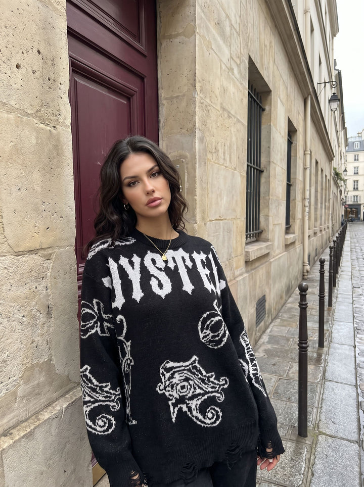 Oversized Graphic Distressed Knit Sweater