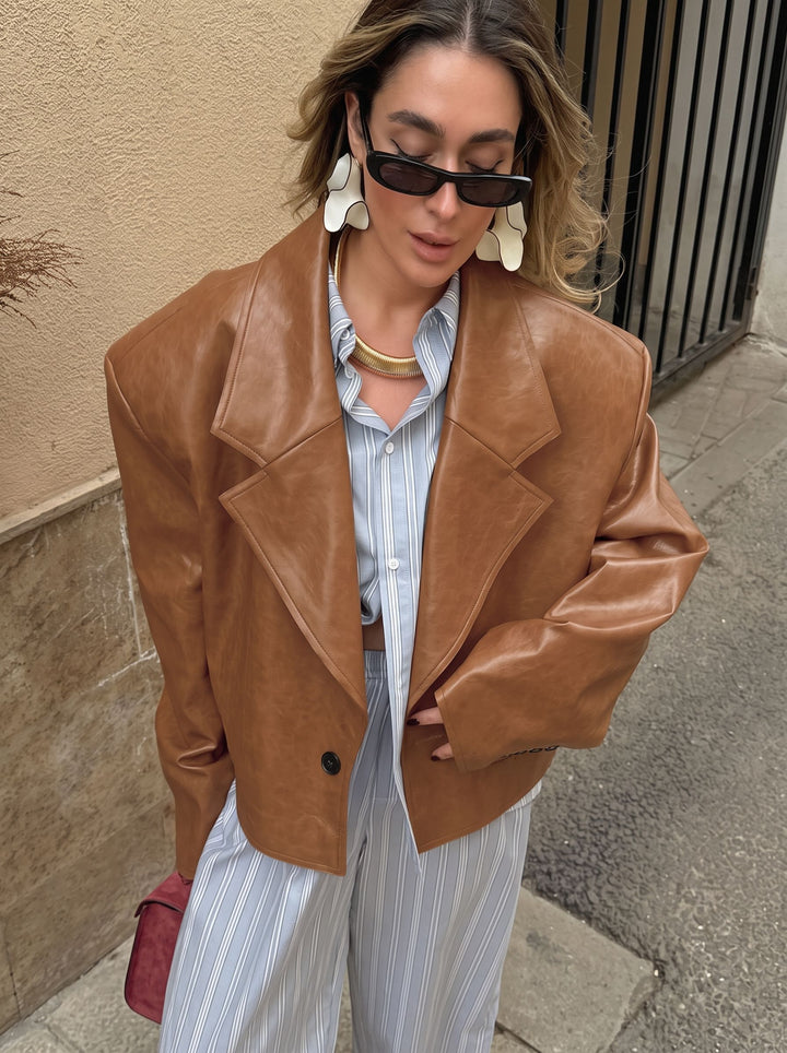 Oversized Brown Faux Leather Blazer Jacket