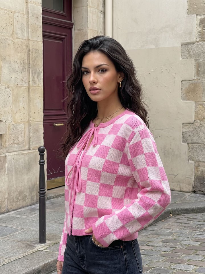 Cute Checkered Tie Front Cardigan