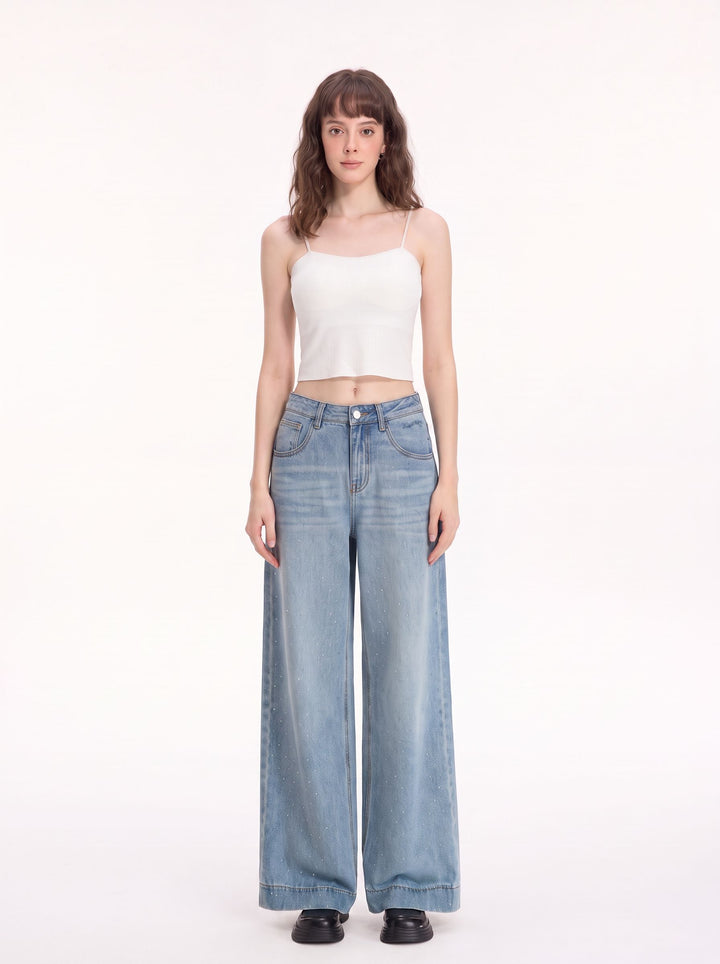 Lace Trim High Waisted Wide Leg Jeans