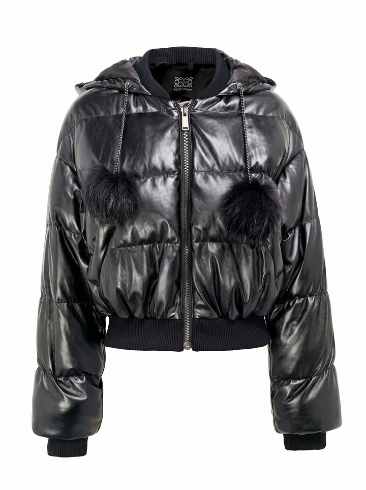 Cropped Faux Leather Puffer Jacket
