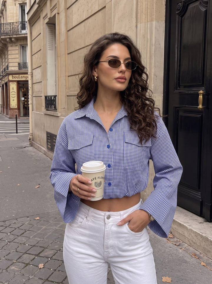 Cropped Gingham Button Up Shirt