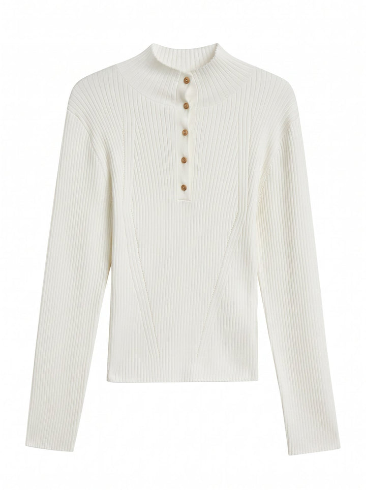Button Mock Neck Ribbed Sweater