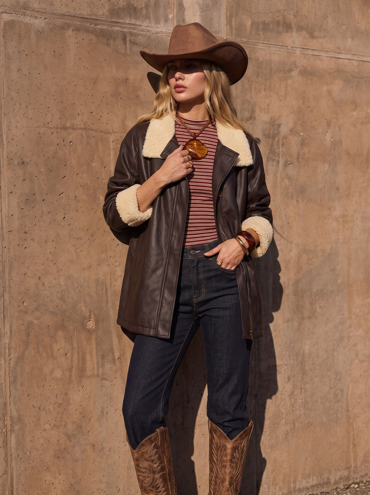 Oversized Faux Shearling Trim Leather Jacket