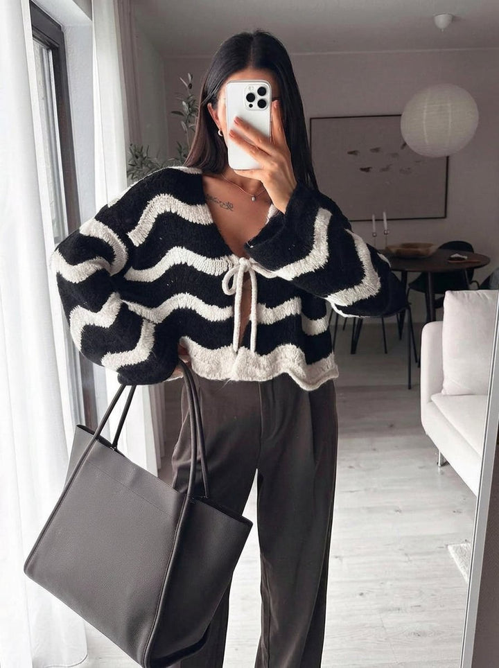 Cropped Striped Tie Front Cardigan