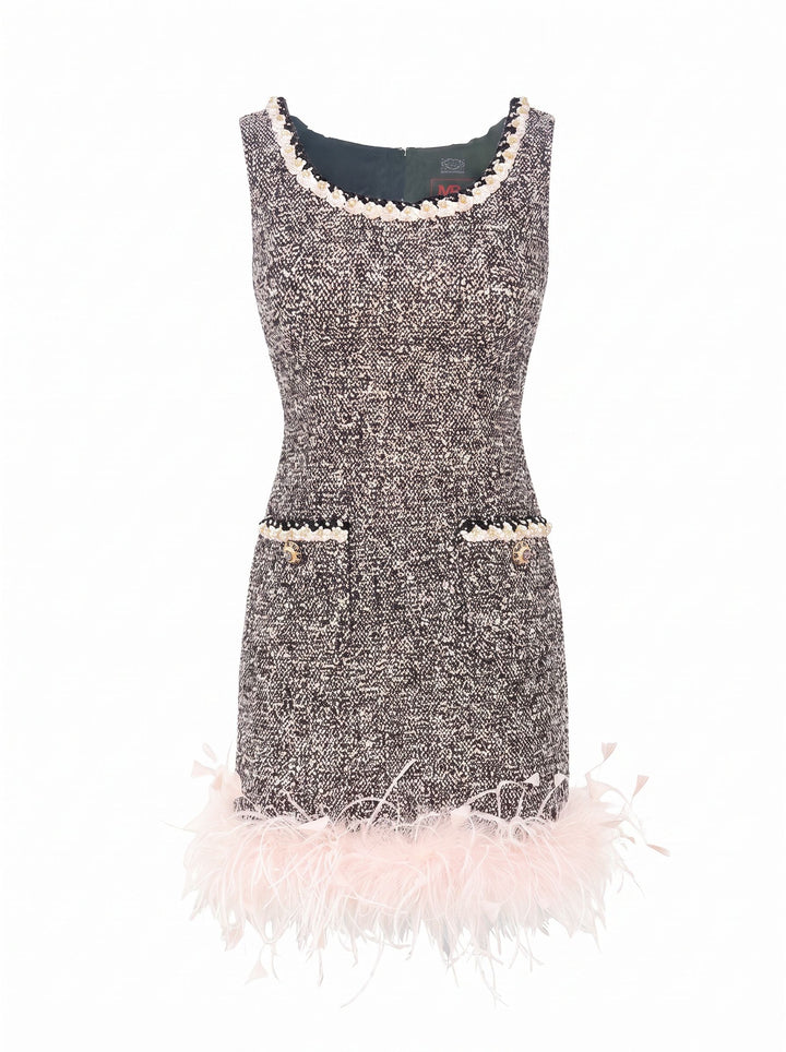 Feather Trim Tweed Mini Dress