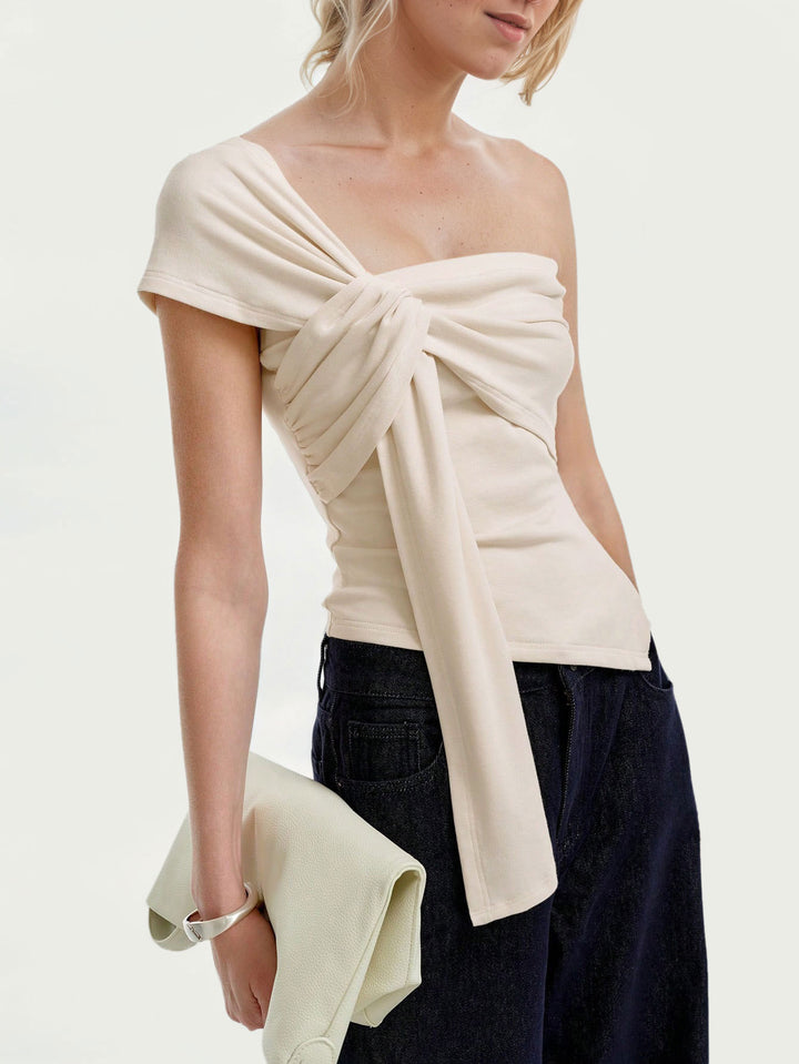 Asymmetric Knot One-Shoulder Fashion T-Shirt