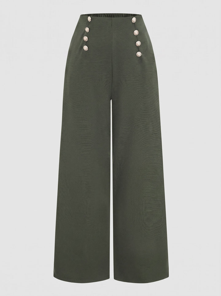 High Waisted Button Detail Wide Pants