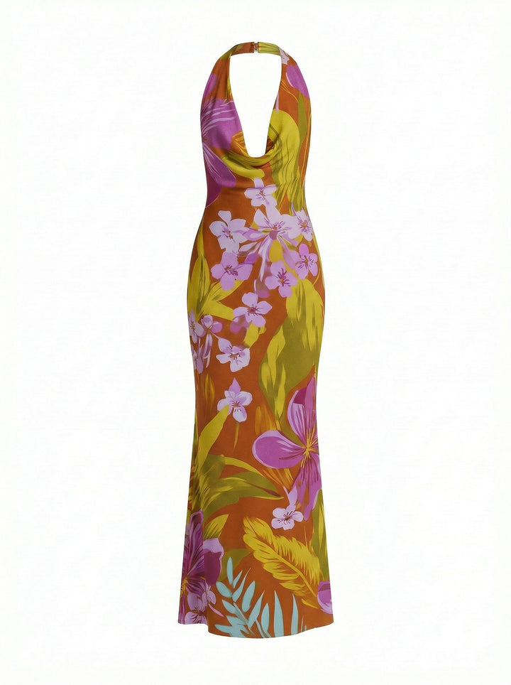 LILA Tropical Hibiscus Print Cowl Neck Bodycon Maxi Dress