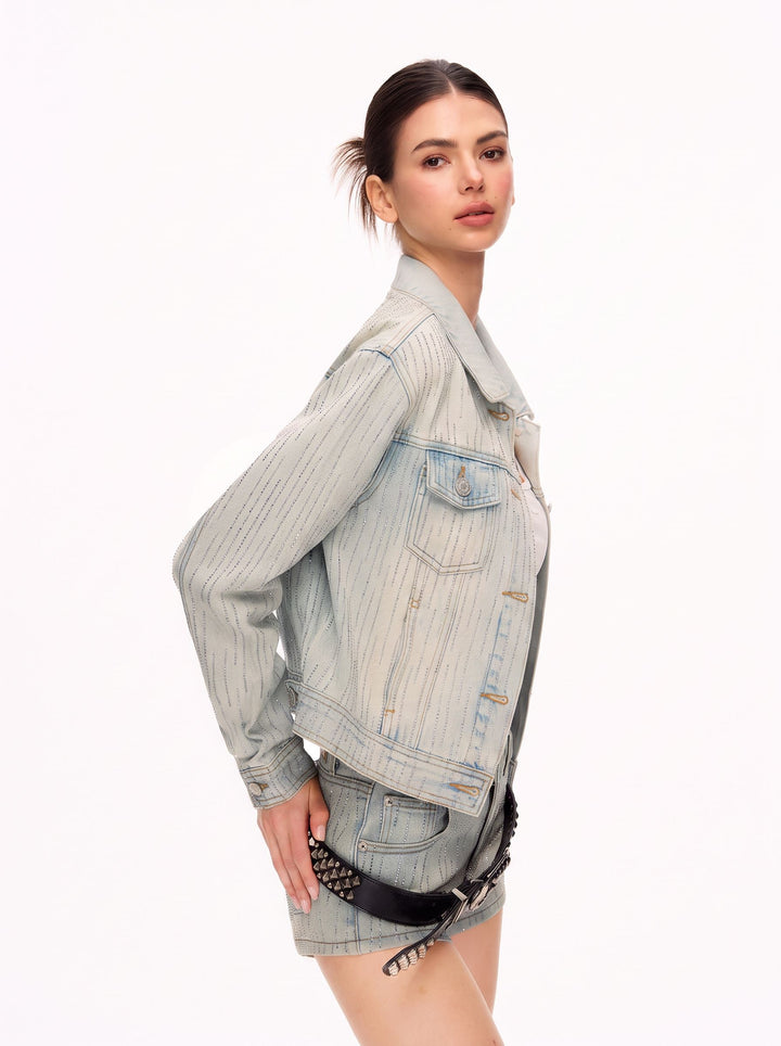 Sparkling Rhinestone Cropped Denim Jacket