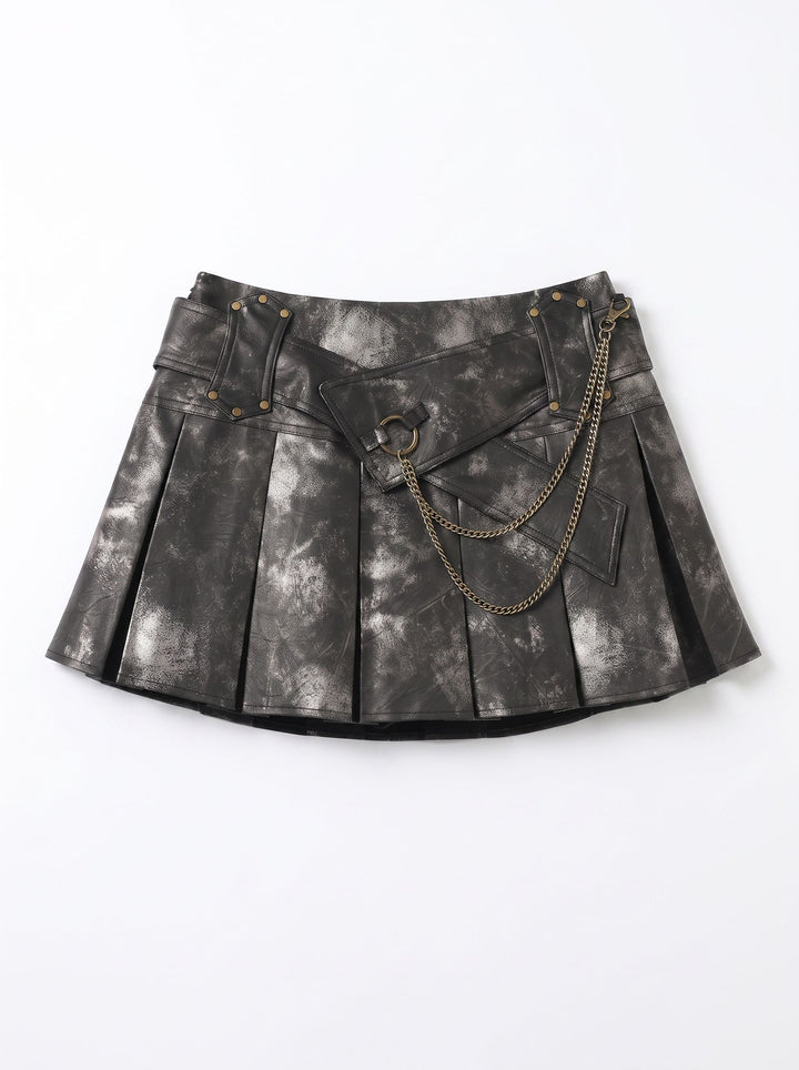 Distressed Faux Leather Pleated Mini Skirt