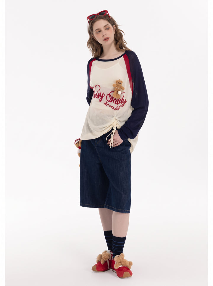 Graphic Raglan Drawstring Knitted Sweater