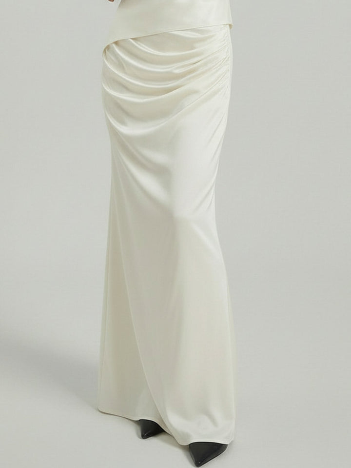SAIA Draped Mermaid-Hem Elegant Midi Skirt-White