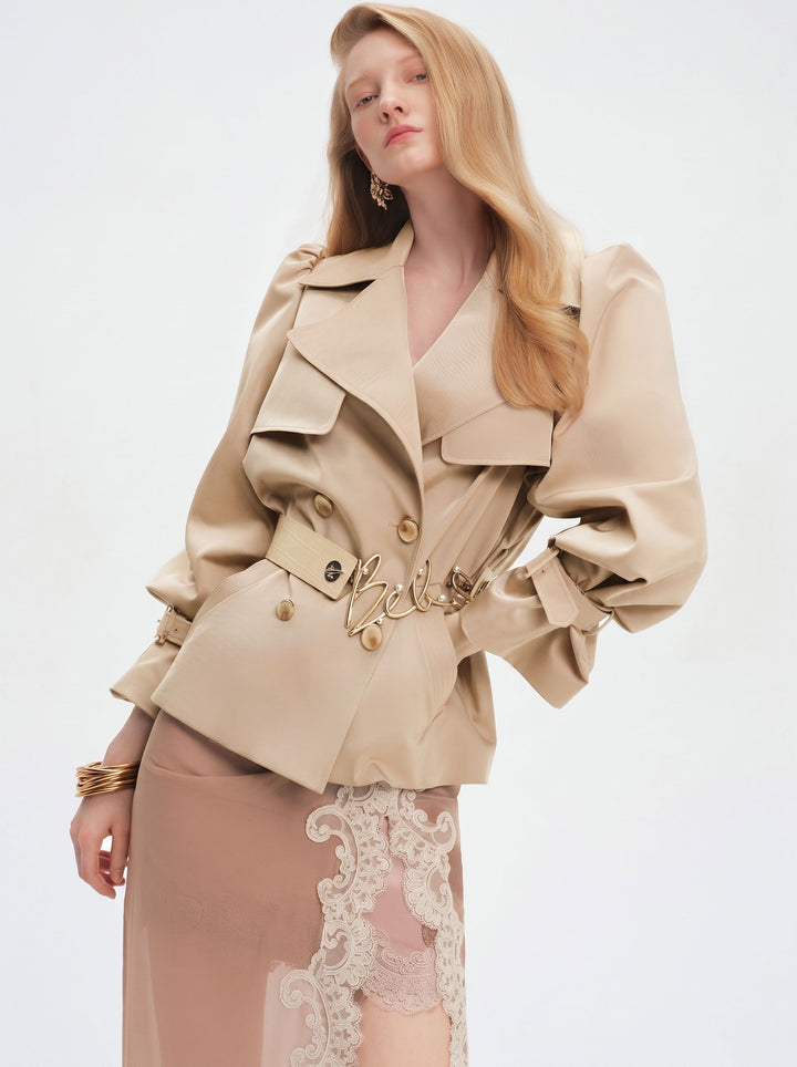 Puff Sleeve Belted Cropped Trench Coat