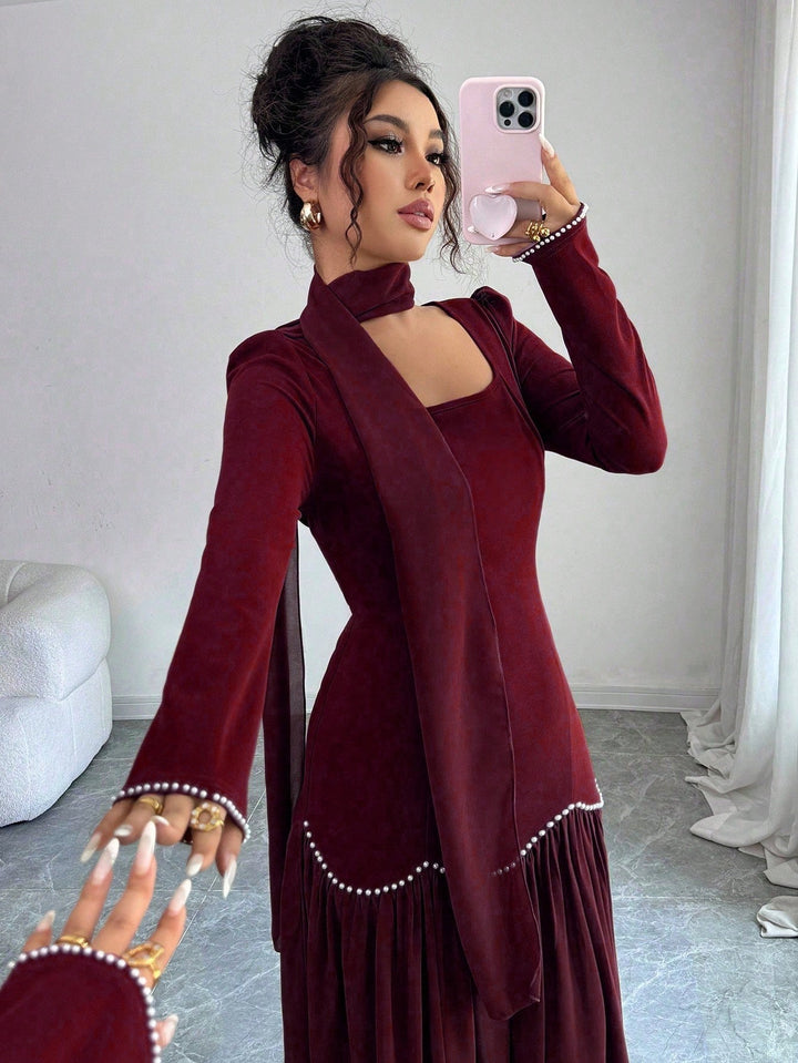 Elegant Velvet Pearl Trim Midi Dress