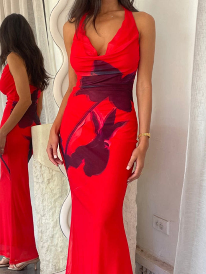 Satin Halter Floral Maxi Dress