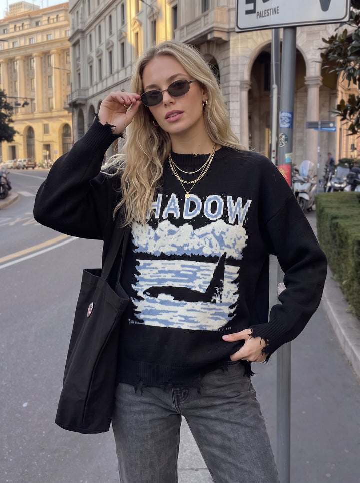 Oversized Graphic Distressed Knit Pullover Sweater
