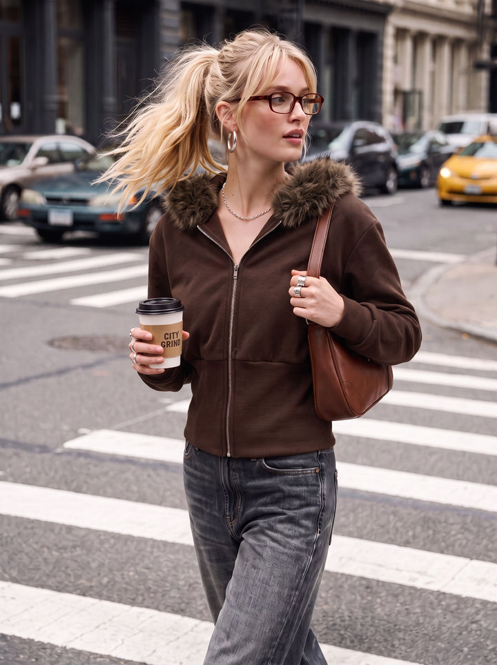 Faux Fur Trim Zip Hoodie