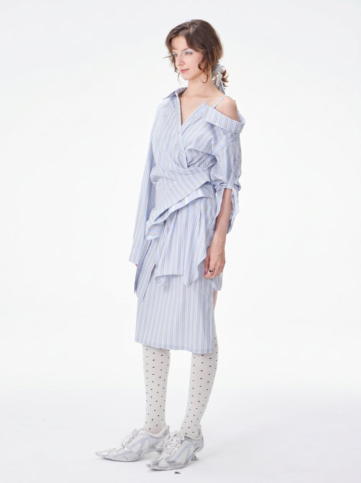 Asymmetrical Striped Cold Shoulder Shirt Dress