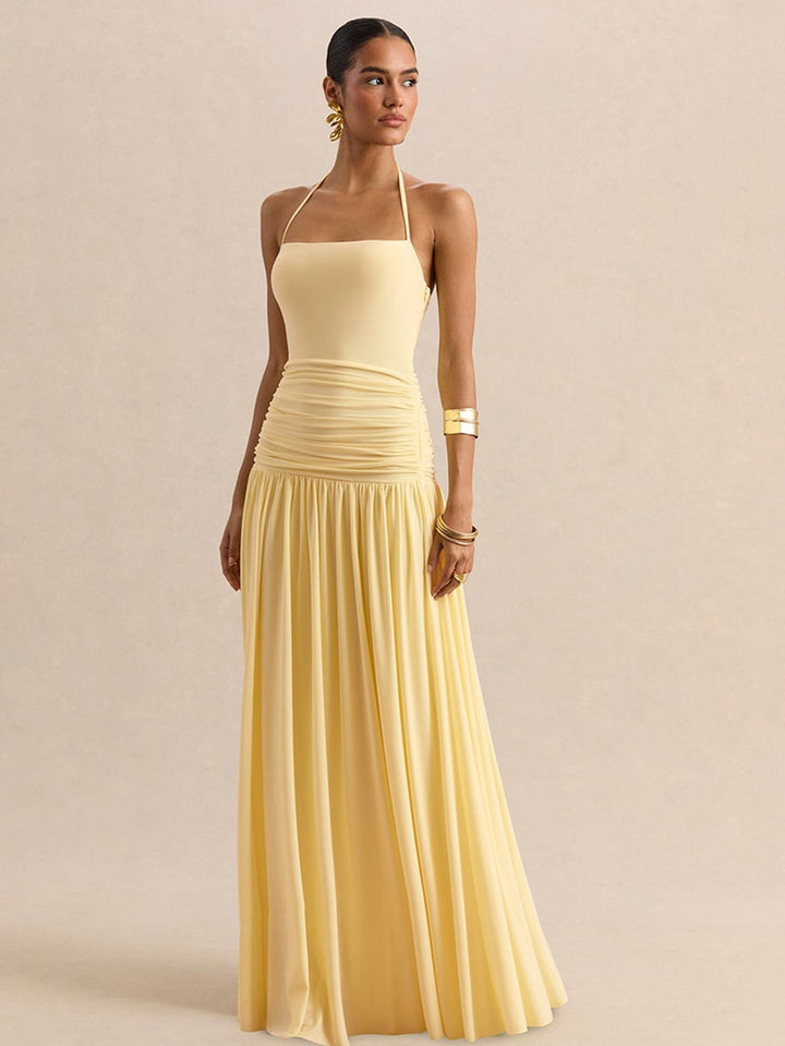 Ruched Halter Neck Maxi Dress