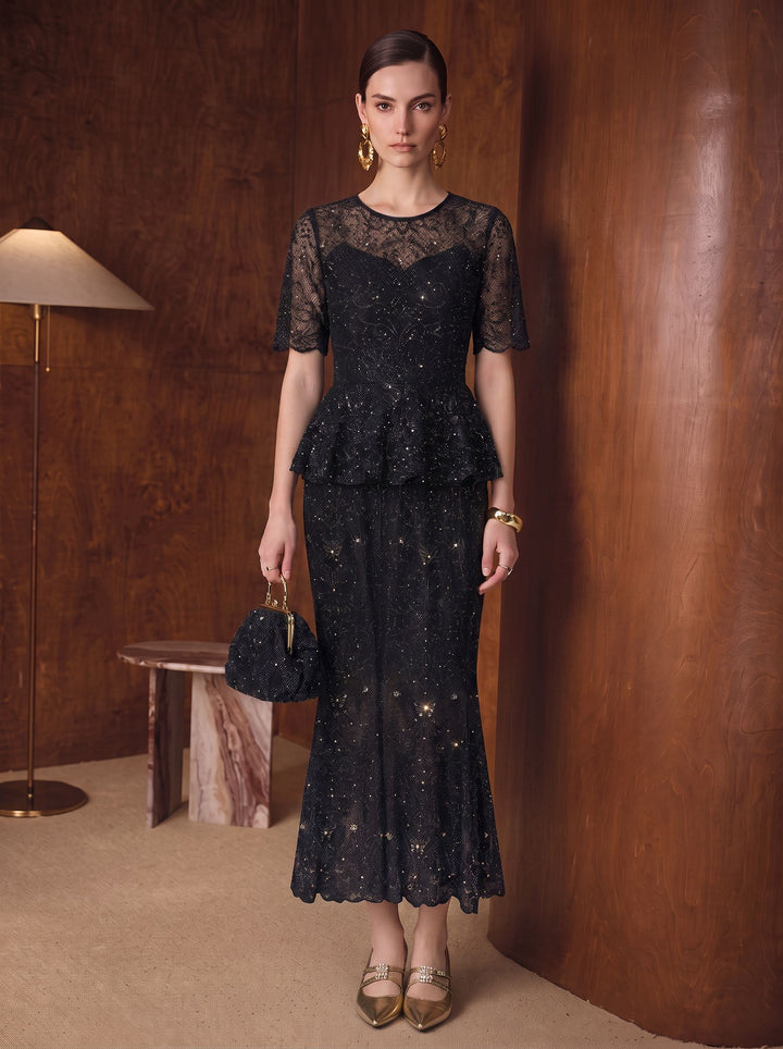 Elegant Peplum Lace Knit Pullover