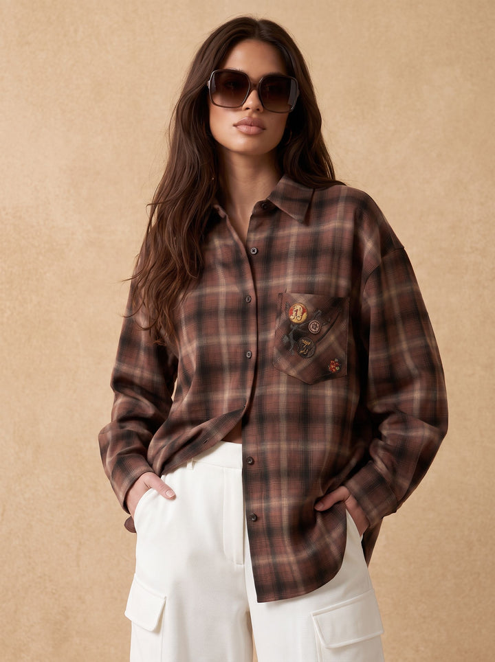 Oversized Plaid Embroidered Button Up Shirt