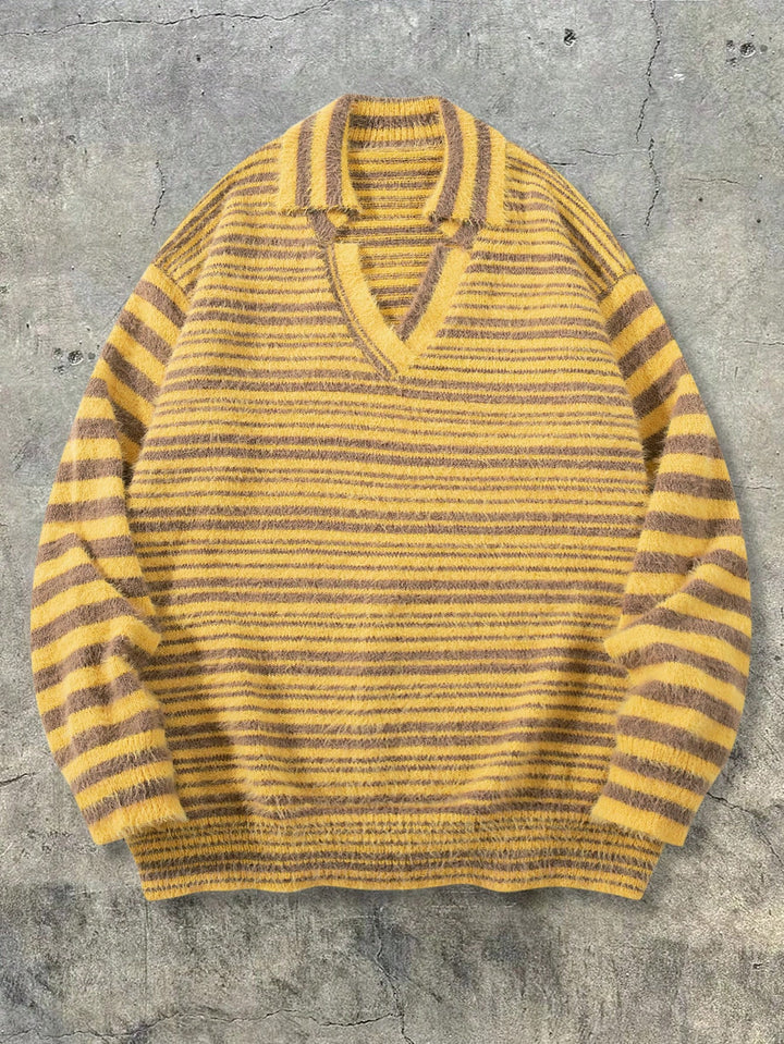 Fuzzy Striped Collared Pullover Sweater