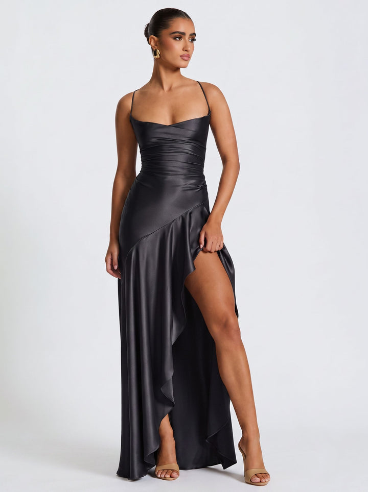 Satin Ruched High Slit Maxi Dress