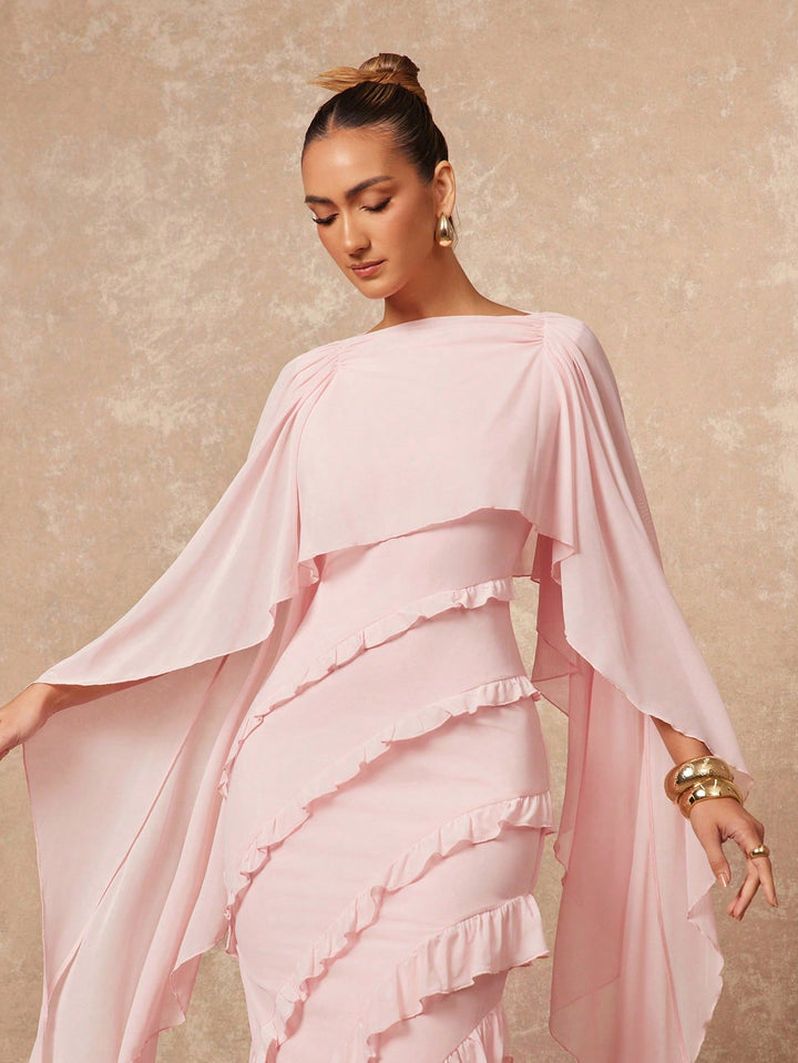 Elegant Ruffled Cape Sleeve Midi Dress