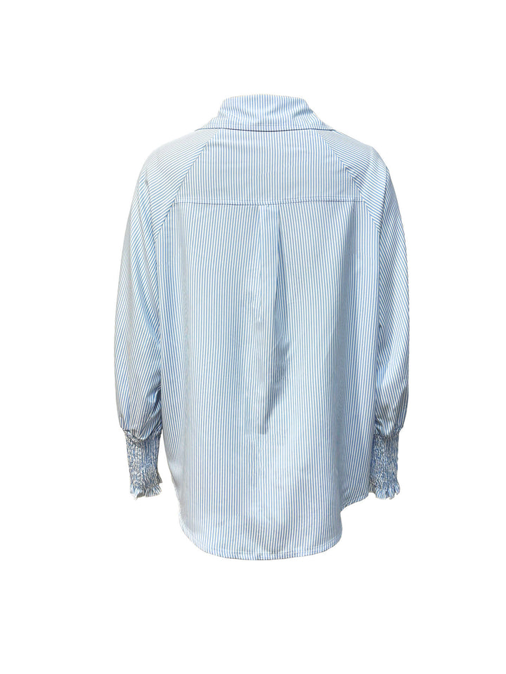 Oversized Striped Smocked Sleeve Button Shirt