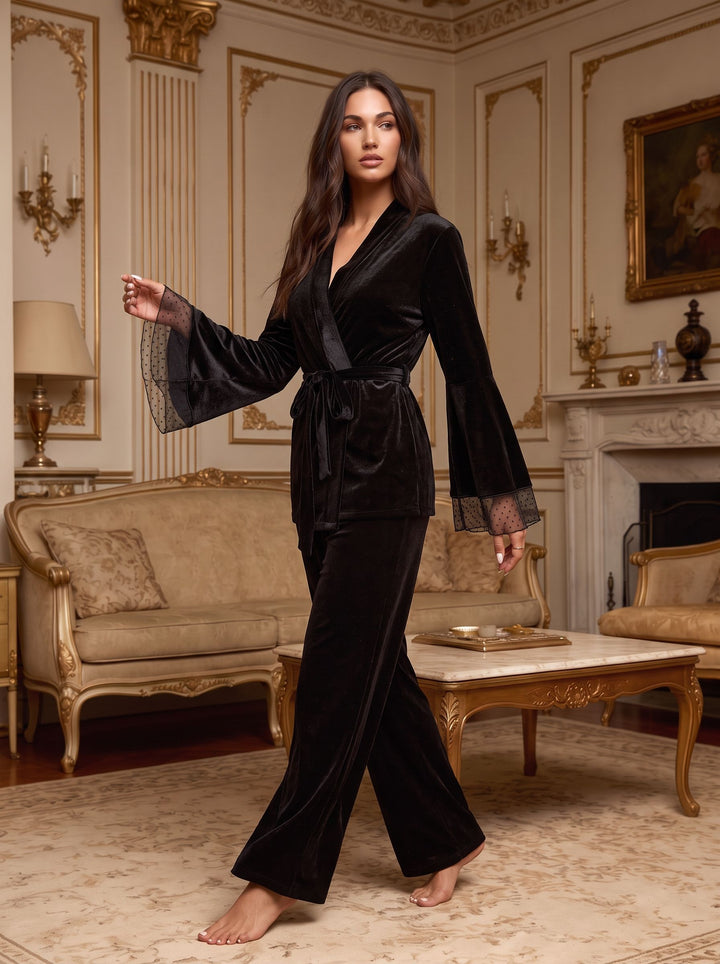 Elegant Velvet Mesh Sleeve Pajama Set
