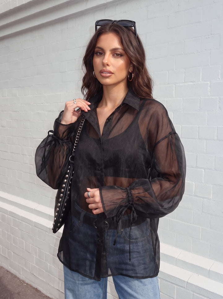Sheer Balloon Sleeve Button Up Shirt