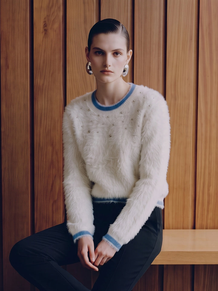 Fuzzy Rhinestone Embellished Crewneck Sweater