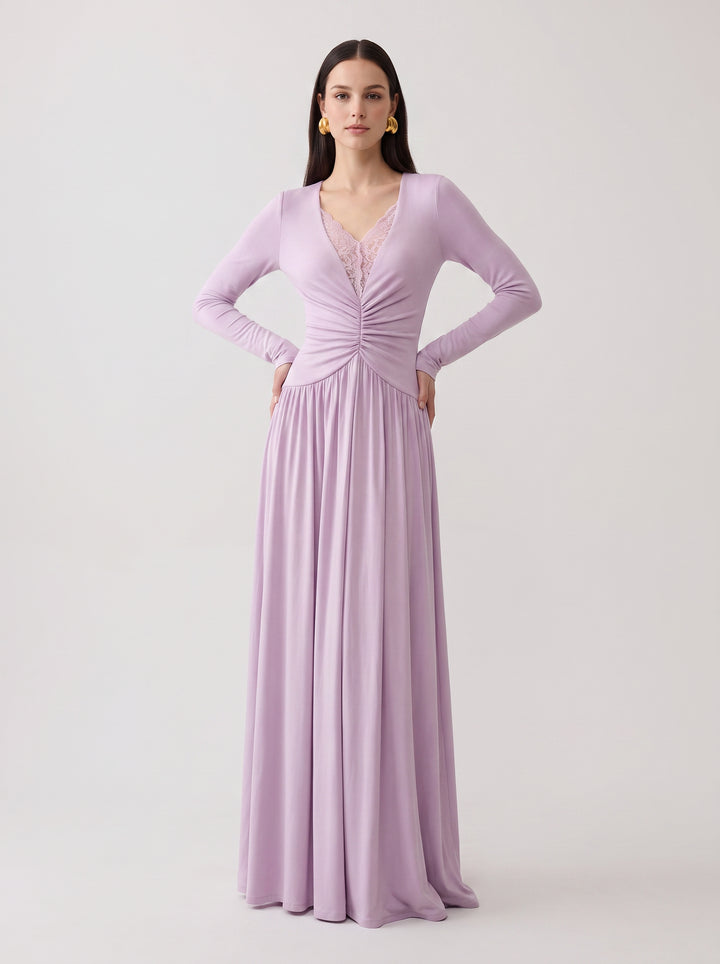 Lace Trim Ruched Maxi Dress
