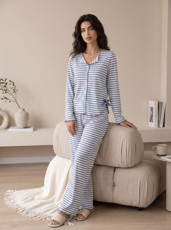 Soft Striped Lettuce Trim Pajama Set