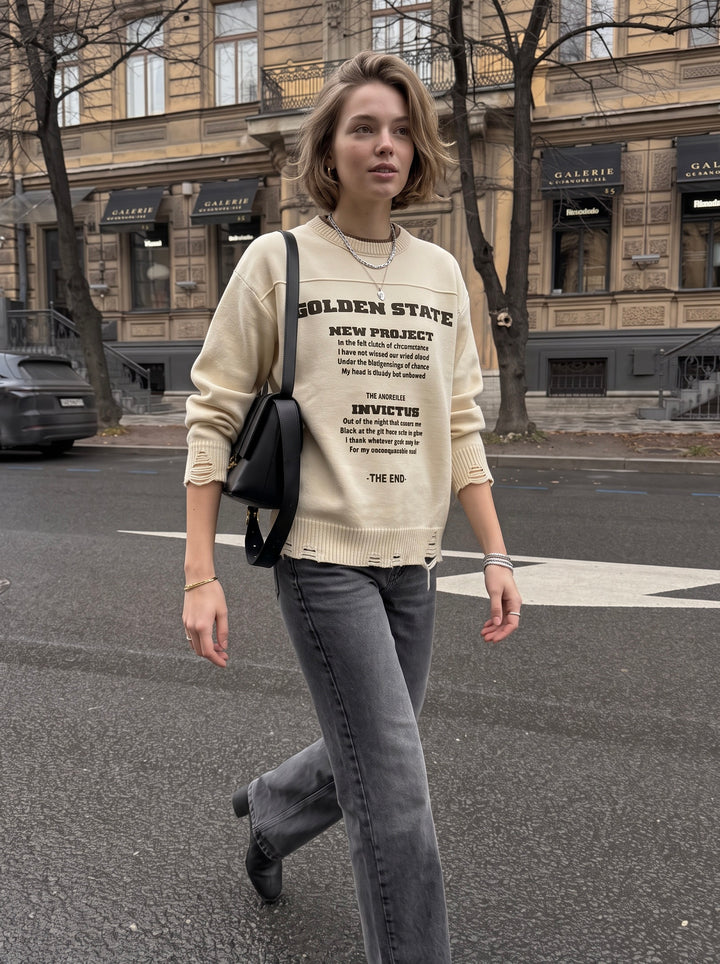 Oversized Distressed Graphic Pullover Sweater