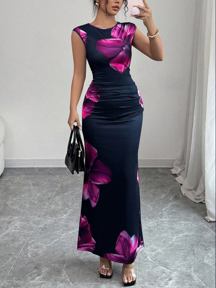 Fitted Floral Sleeveless Wedding Guest Midi Dress